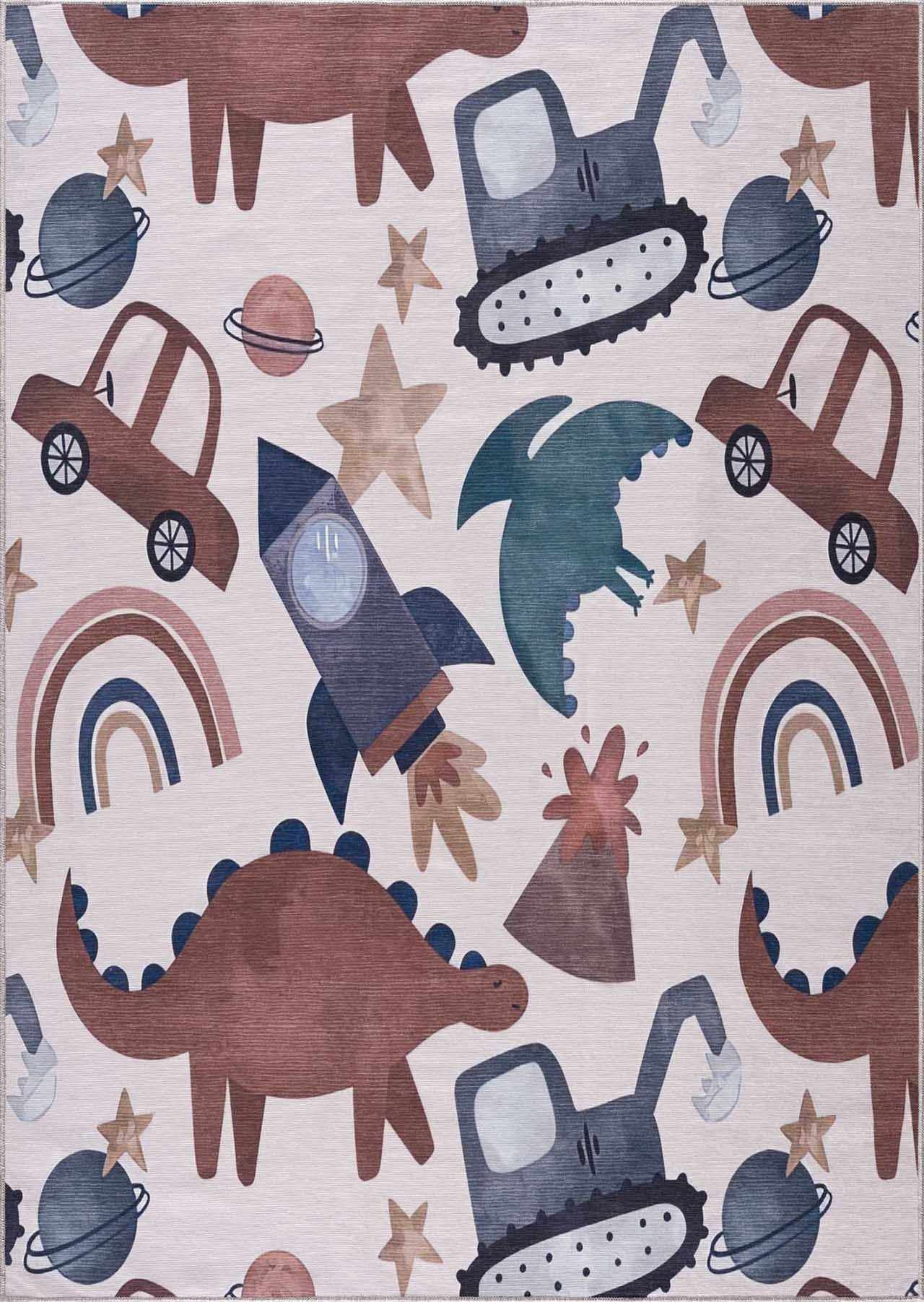 Hauteloom Libra Living Room, Bedroom Machine Washable Area Rug - Dinosaur, Car - Beige, Brown, Terracotta - 7'10" x 10'2"
