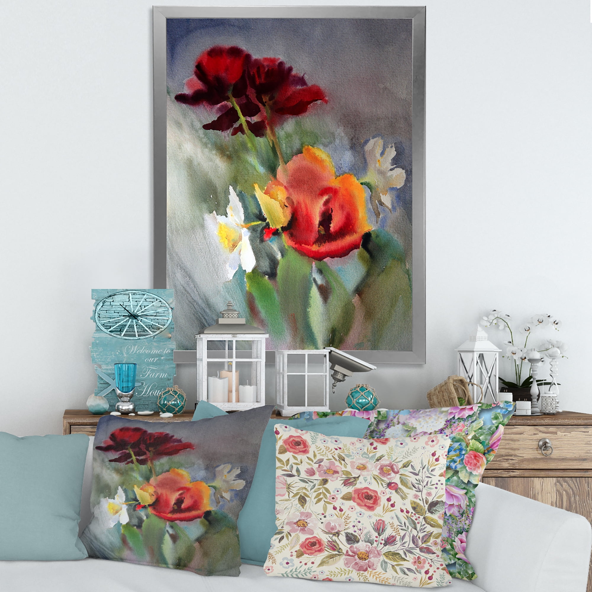 Designart 'Blossoming Vibrant Red Wildflowers' Traditional Framed Art Print