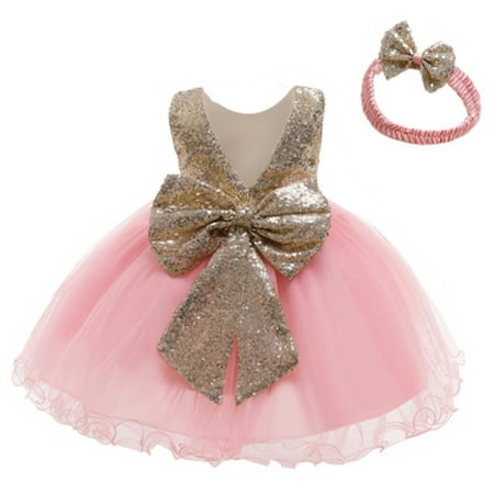

HTGFGMGW Toddler Girl Dress Baby Girls Sequins Bowknot Dresses Lace Pageant Party Wedding Tutu Gown Hairband Baby Girl Clothes Pink