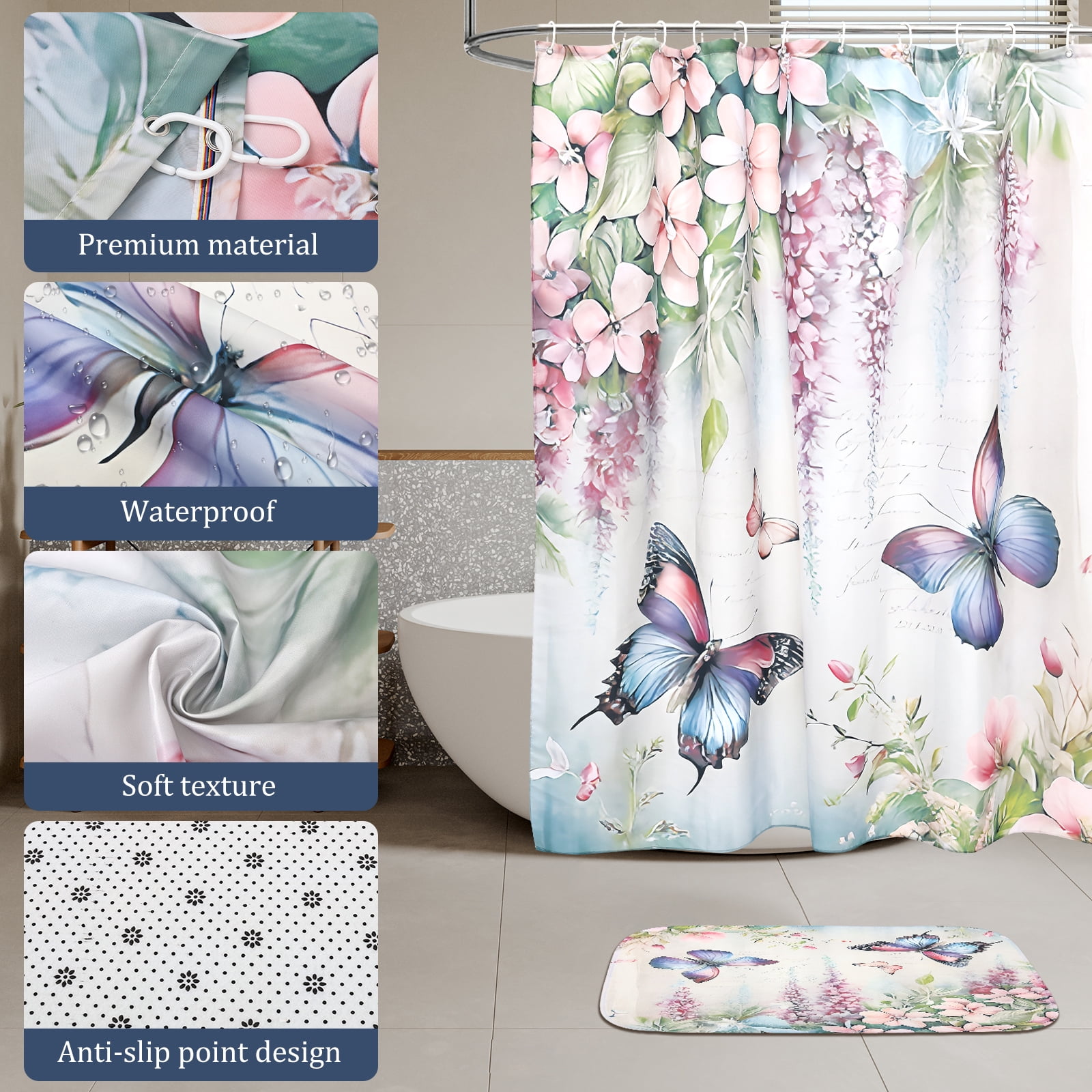 Dznils White Floral Shower Curtain Sets with Rugs, 16pc Butterfly Bathroom Curtain Set, 72" x 72"