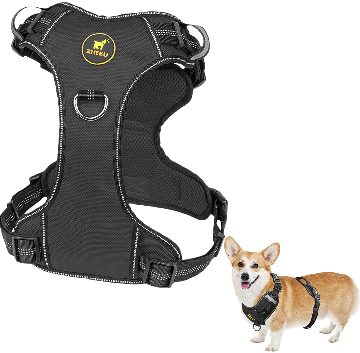 Black, S Adjustable Soft Padded Dog Vest Walking Dog Harness with Easy Control Handle ZHEBU No Pull Dog Harness Reflective Over The Head Dog Harness with 2 Leash Clips