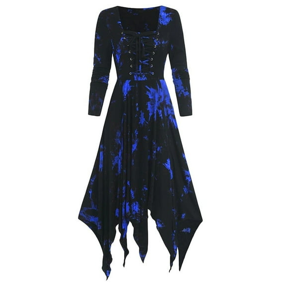 Women's Vintage Gothic Dresses Long Sleeve Lace Up Irregular Hem Dress Tie Dye Midi Dress Victorian Steampunk Dress