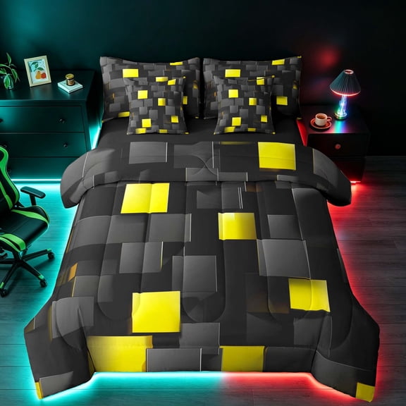 Manfei Abstract 3D Cube Twin Bedding, Geometric Checkered Bedding Comforter Set, Black and Yellow, Black Reversible 7pcs