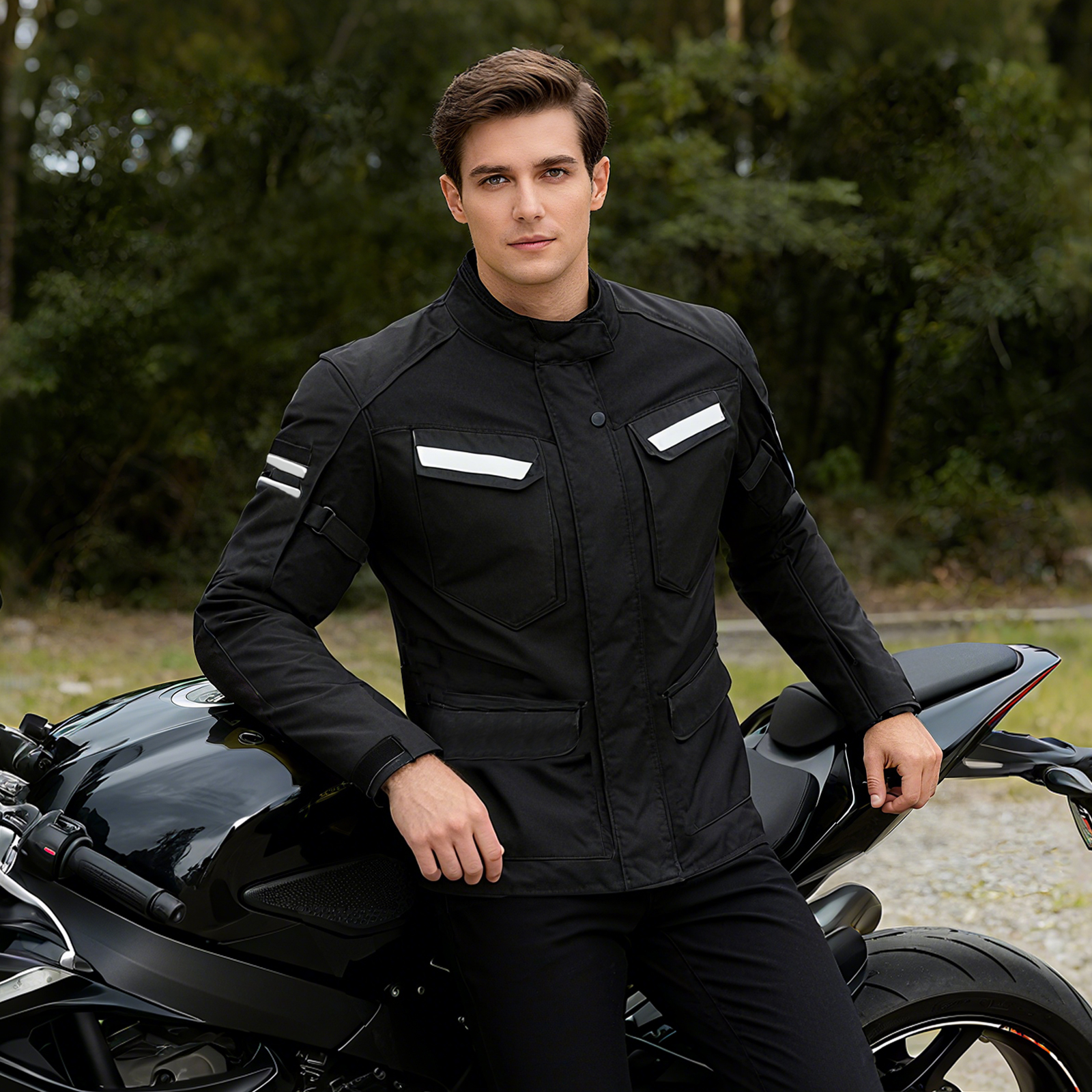 Dream Apparel Mens Motorcycle jacket Black, Armored Protective Round Neck & Air Vents