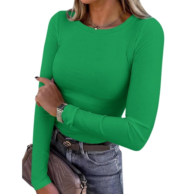 Remera PRETTYGARDEN 2025 de Punto Acanalado Manga Larga Verde XL