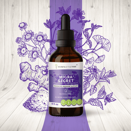 Migra Secret Alcohol-FREE Extract, Tincture, Glycerite Feverfew, Ginger, White willow bark, Periwinkle, Ginkgo, Peppermint. Headache / Migraine Support 4 oz