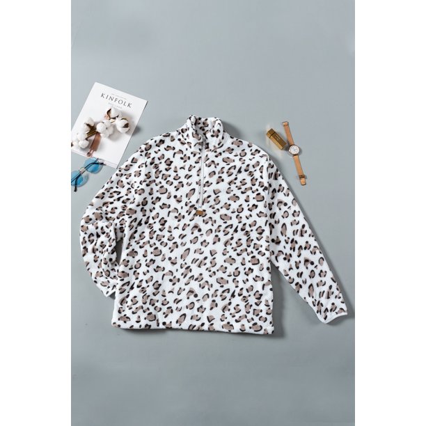ABPHQTO Sudadera blanca de polar con cierre de cuarto de leopardo para mamá a juego con la familia para mujer