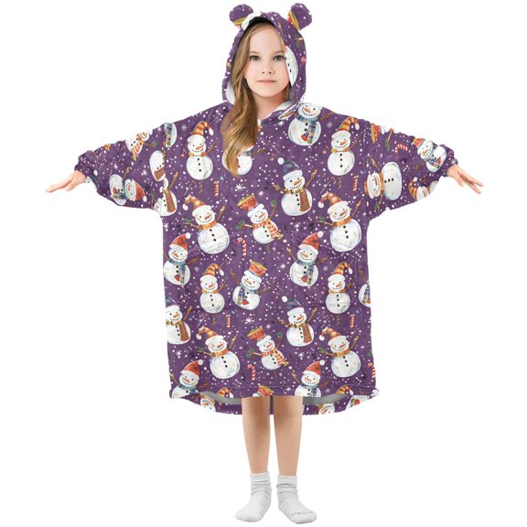 Wearable Blanket Hoodie for Kids Snowman Instrumental Flannel Hooded Blanket with Pockets and Sleeves Suitable for Boys and Girls