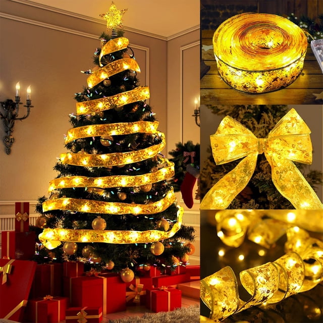 ZZkhGO Ribbon Lights, LED Christmas Light String, Battery Operated Decorative Lights for Tree Fireplace Gift