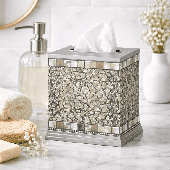 Tissue Box | Stainless Steel Square Facial Tissue Box Holder for Bathroom Vanity Countertops,Bedroom Dressers | Glass Mosaic Ice Finish