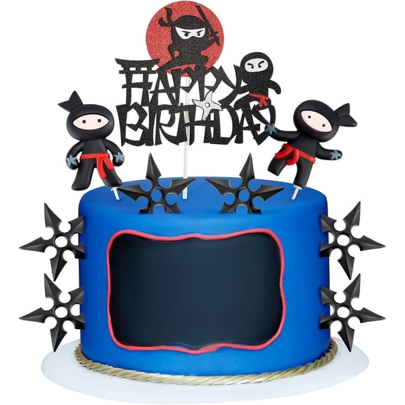 9 Pcs Ninja Happy Birthday Cake Toppers Black Red Glitter for Ninja Theme Birthday Party Karate Kung Fu Warriors Cake Decorations Supplies