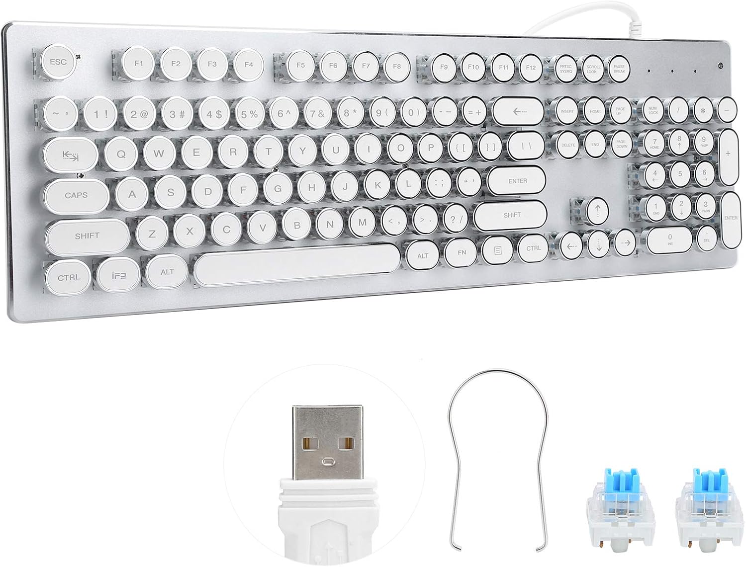 Mechanical Gaming Keyboard, Retro Steampunk Typewriter Keyboard, 104 Keys USB Wired Mixed Light Backlit with Round Keycaps(White)
