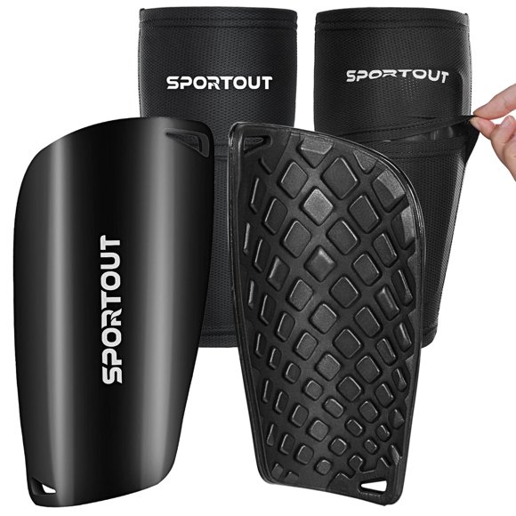 Sportout Adult Youth Kids Soccer Shin Guards, Comprehensive Protection for Your Leg, with Cushioned Ankle Protection to Prevent Injuries.(Black-1,XL)