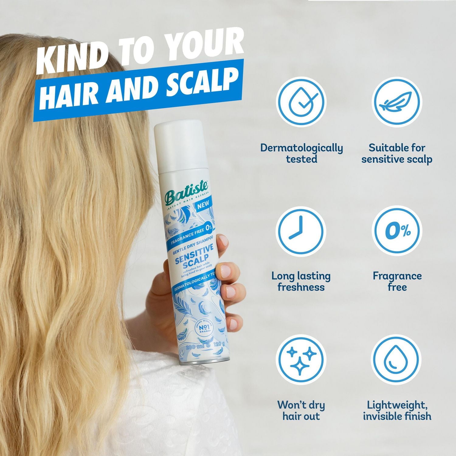 Batiste Dry Shampoo Spray Sensitive Scalp Unscented, Refresh Hair and Absorb Oil, Waterless Shampoo for Added Hair Texture and Volume, Paraben & Sulfate Free, Dermatologically Tested, 200ml, This lightweight formula is developed and suitable for sensitive scalp