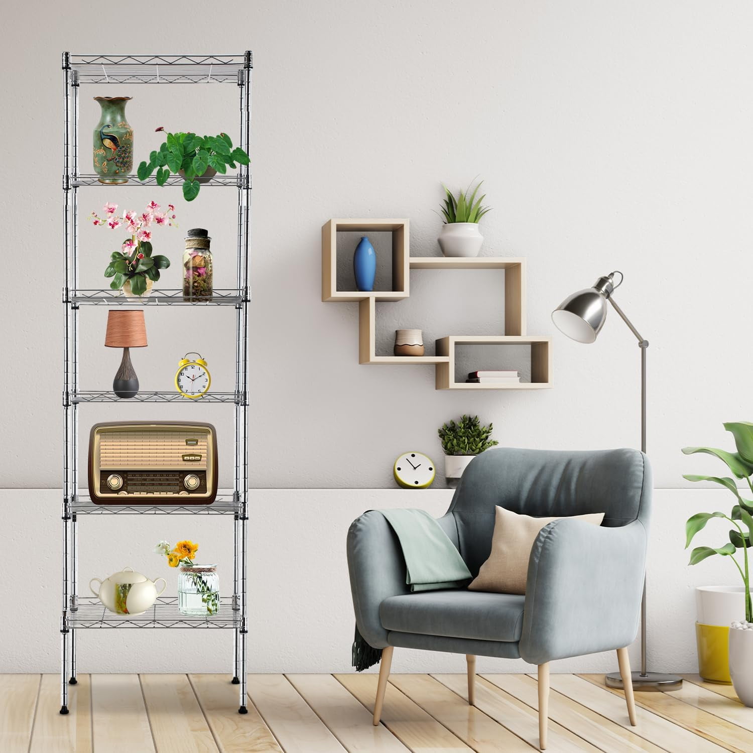 BestOffice Adjustable Storage Shelves Metal Storage Shelf fo adults(Chrome, 16.7L×11.8W×63.6H)