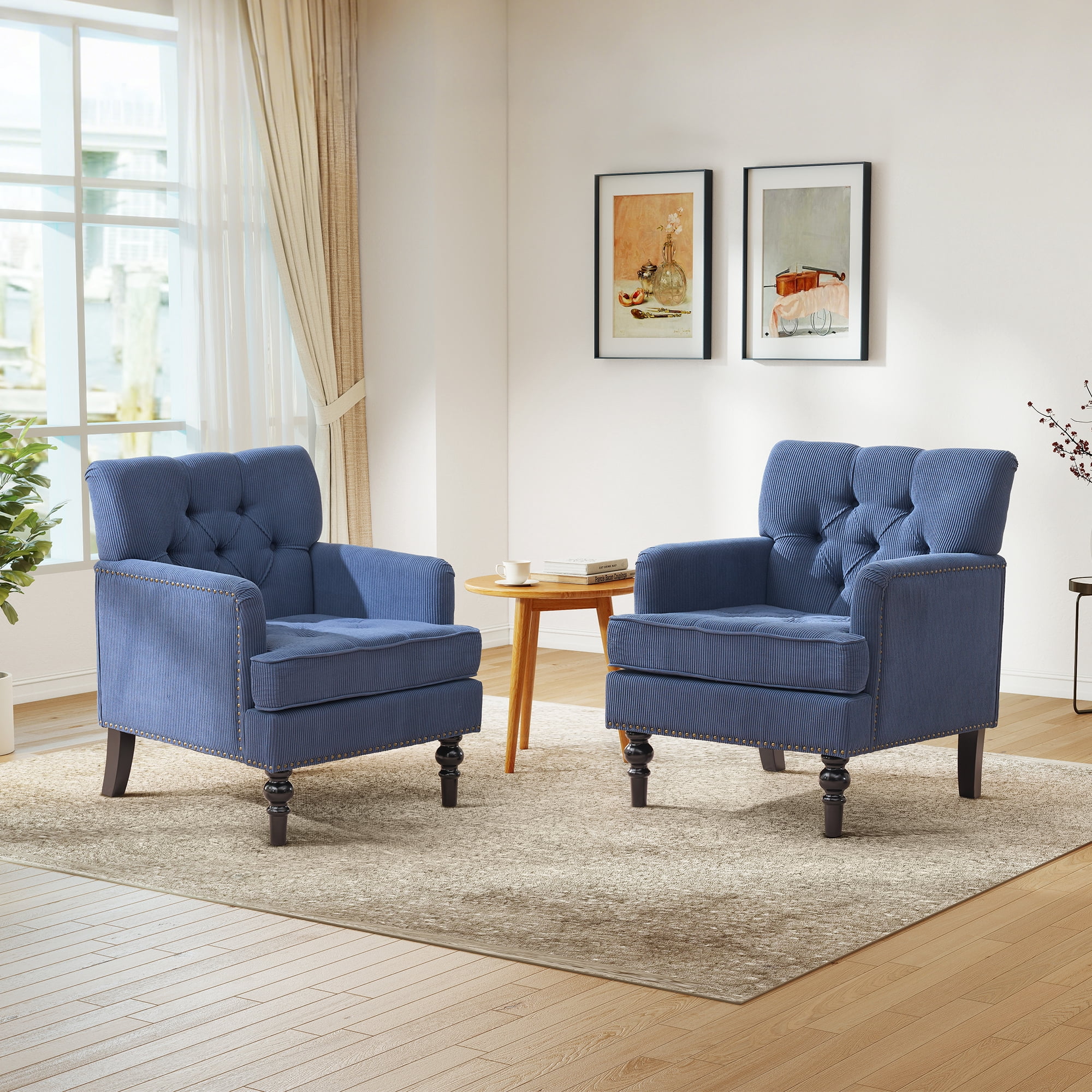 Aukfa Mid-Century Modern Tufted Accent Armchair, Upholstered Corduroy Chair for Living Room/Bedroom, Navy Blue