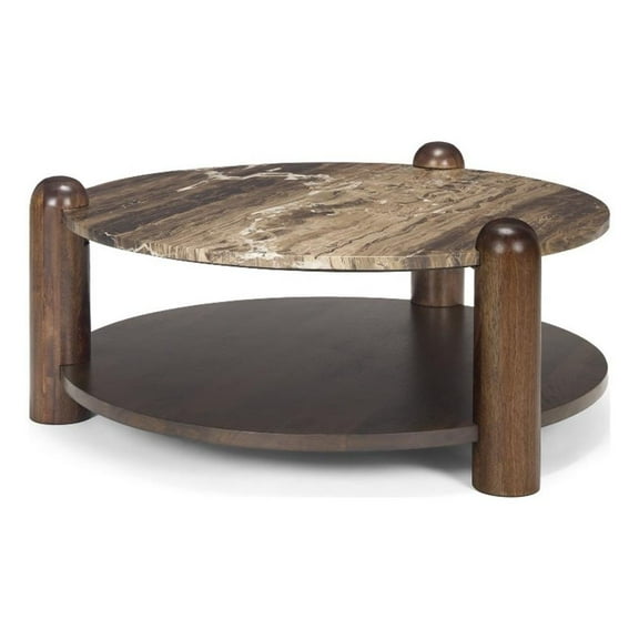 Mercana Jovia Mango Wood and Marble Round Coffee Table in Brown/Cappuccino