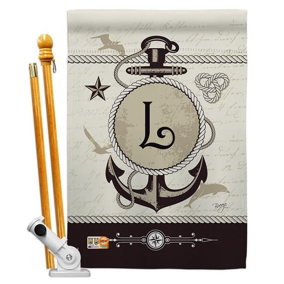 Breeze Decor BD-NA-HS-130194-IP-BO-D-US14-BD 28 x 40 in. Nautical L Initial Coastal Impressions Decorative Vertical Double Sided House Flag Set & Pole Bracket Hardware