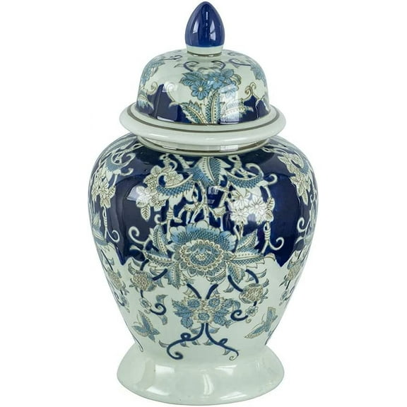 A&B Home 17" Tall Porcelain Vase with Lid Ceramic Blue and White Floral Print Ginger Jar Display Storage Asian Decor Centerpiece