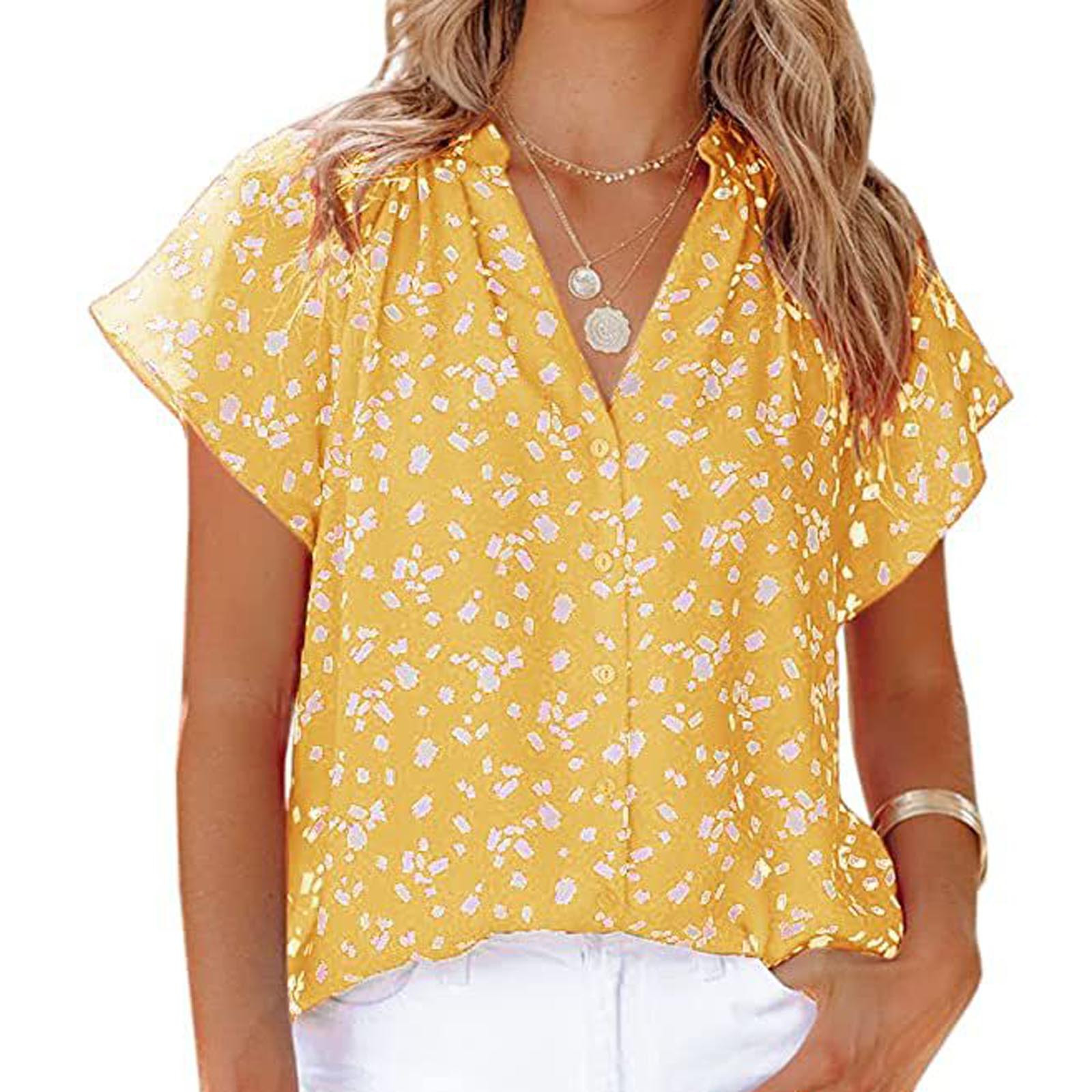 Ladies Tops and Blouses Fashion Woman Causal Printing Blouse Button Short  Sleeve T-Shirt Summer Spring Yellow XL