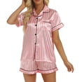 thumbnail image 1 of Pijama de satén sedoso a rayas para mujer, camiseta de manga corta con pantalones cortos, conjunto de pijama, camisa con botones, ropa de dormir sedosa, 1 of 5