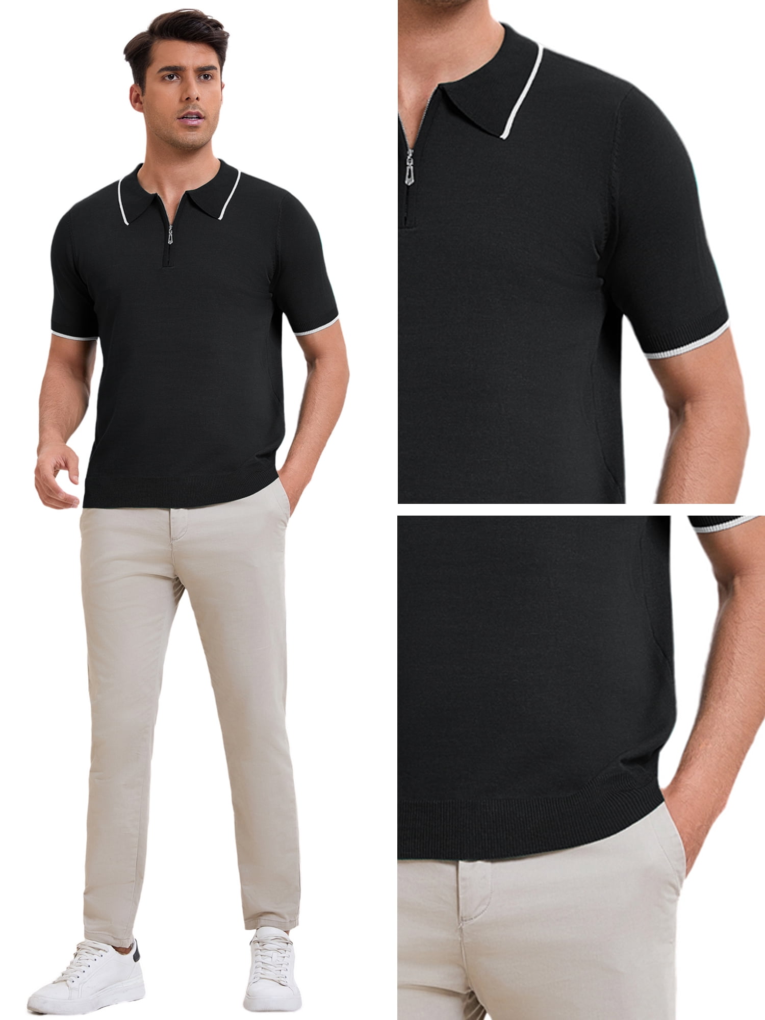 DARING DIVA Men's Formal Short Sleeved Zipper Slim Fit Classic Polo Shirts M Black