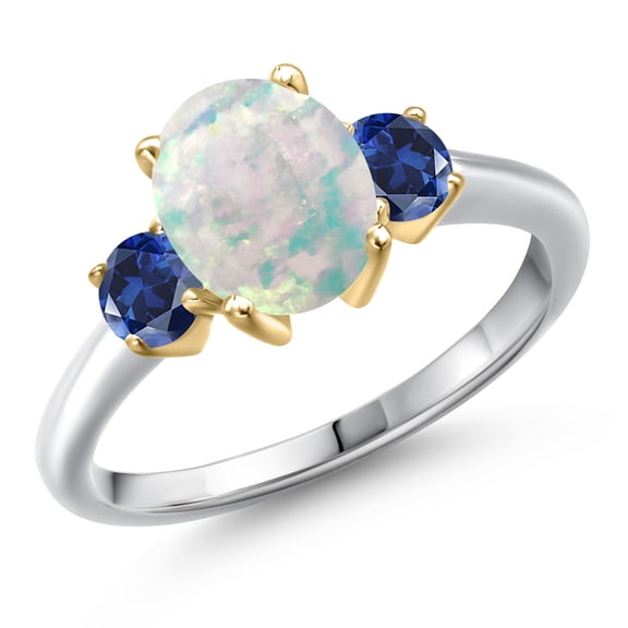 Gem Stone King 10K Two Tone Gold Simulated White Opal and Blue Created Sapphire Engagement Ring for Women | 1.50 Cttw | Oval Cabochon 9X7MM | Gemstone October Birthstone | Size 6