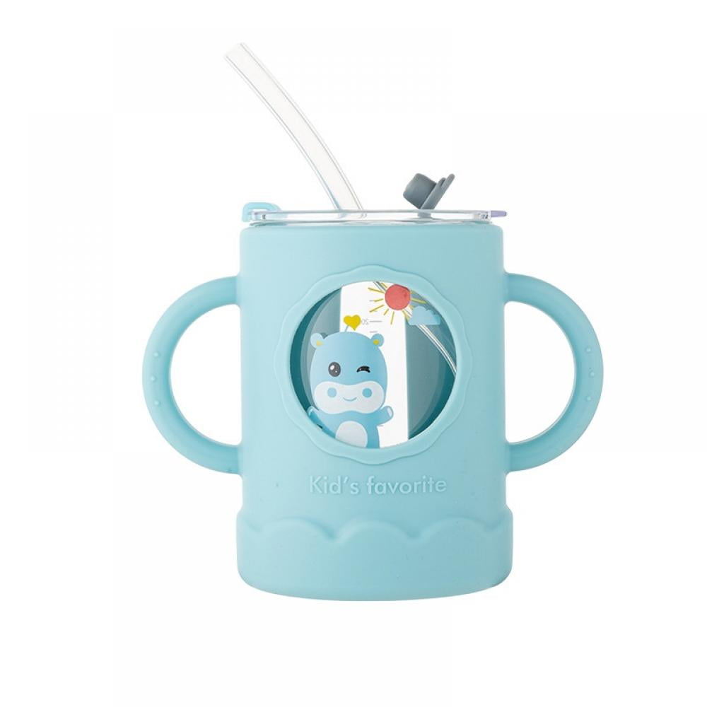 Glass Milk Cup with Straw and Lid 8.5oz Cup Cute Heat-Resistant Tumbler Drinking Water Travel Mug for Kids Cartoon Animal Milk Sippy Cup Toddlers with