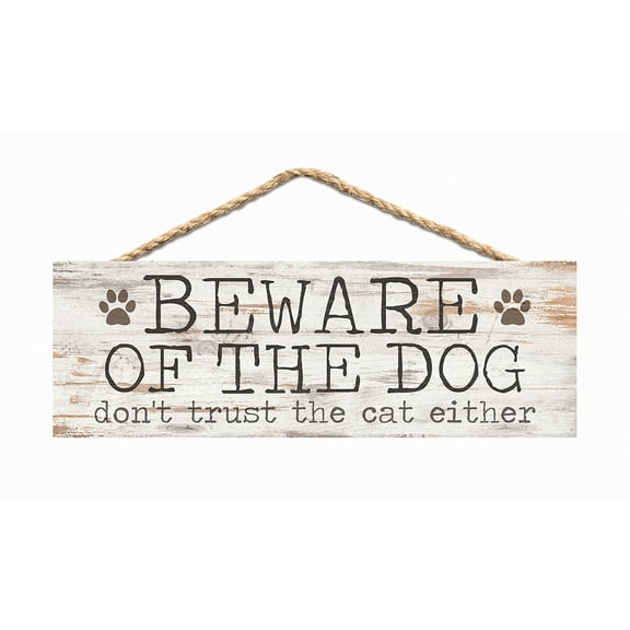 P. Graham Dunn Beware Dog Don’t Trust Cat Whitewash 10 x 3.5 Inch Pine Wood Slat Hanging Wall Sign
