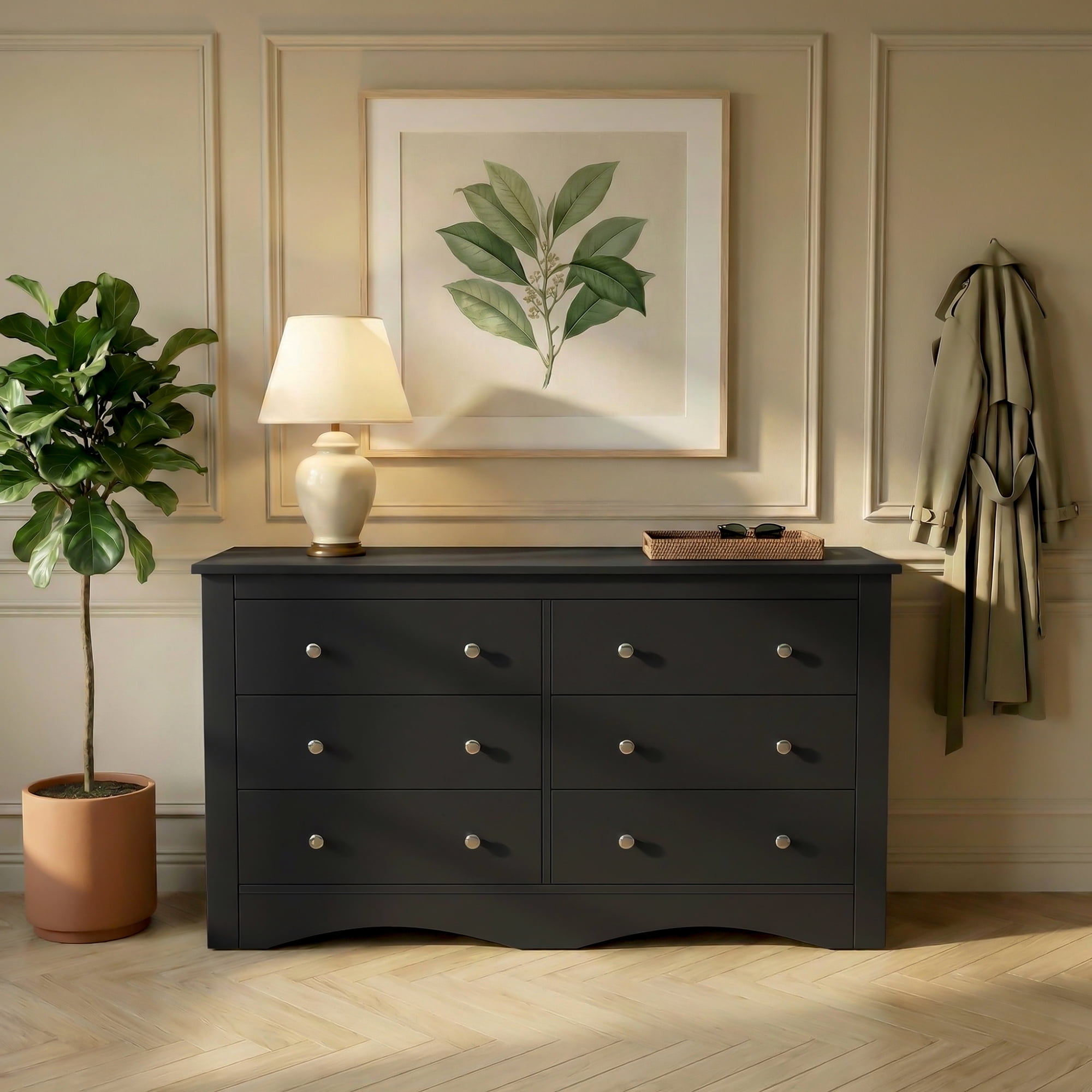 Homall 6 Drawer Dresser for Bedroom, Wood Double Chest of Drawers with Metal Handles, Wide Storage Cabinet Organizer for Living Room, Black