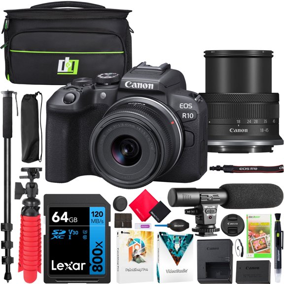 Canon EOS R10 Mirrorless Camera Body with RF-S 18-45mm F4.5-6.3 IS STM Lens 5331C009 Bundle with Deco Gear Photography Bag   Microphone   Monopod   Software & Accessories Kit