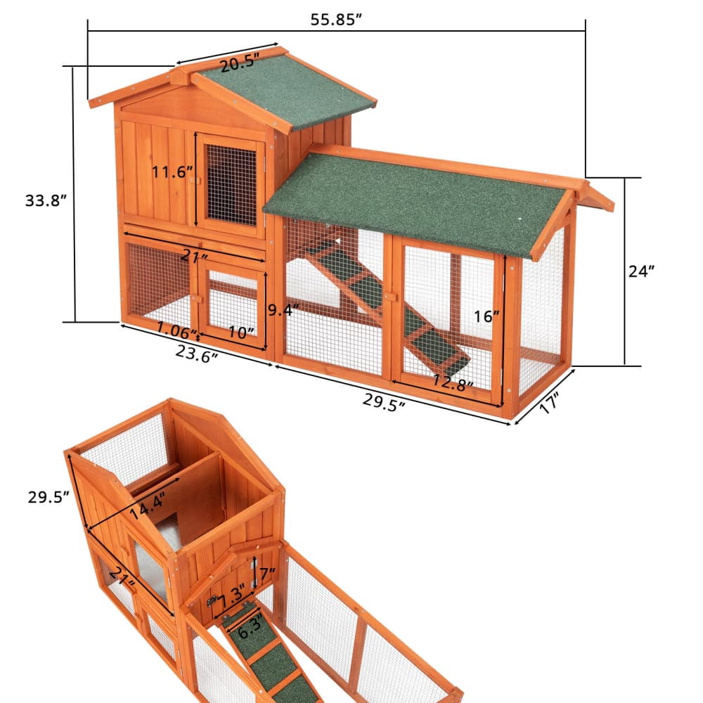 Hassch 2-Story Rabbit Hutch with Run, Outdoor Bunny House, Small Animal Cage with Roof and Door for Guinea Pigs, Ducks, Chicken, Wood Color