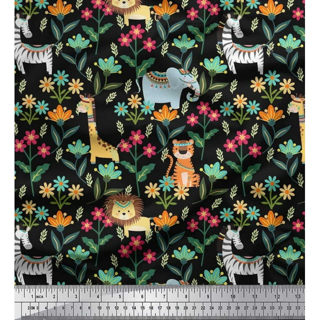 Soimoi Poly Georgette Fabric Leaves,Floral & Cute Animals Cartoon Fabric Prints by Yard 42 Inch Wide