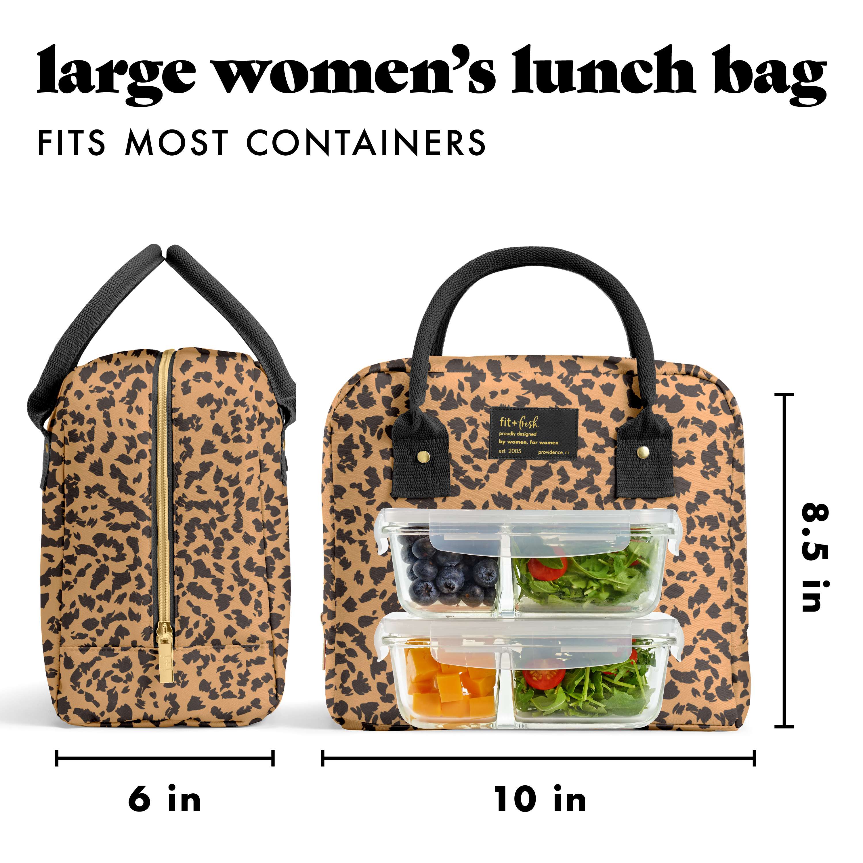 Fit + Fresh Bloomington Womens Lunch Bag, Insulated Lunch Box With Containers, Cheetah