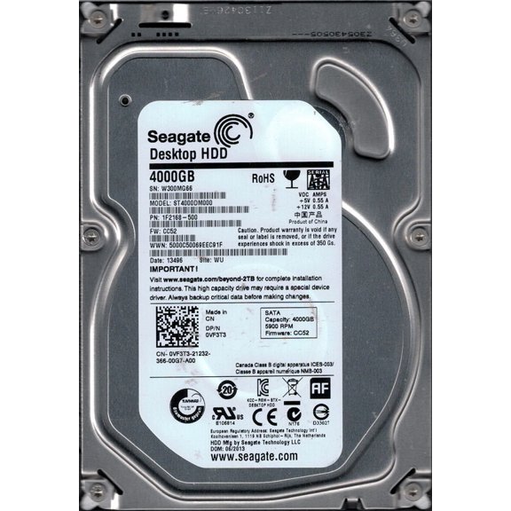 ST4000DM000 P/N: 1F2168-500 F/W: CC52 WU W30 Seagate 4TB