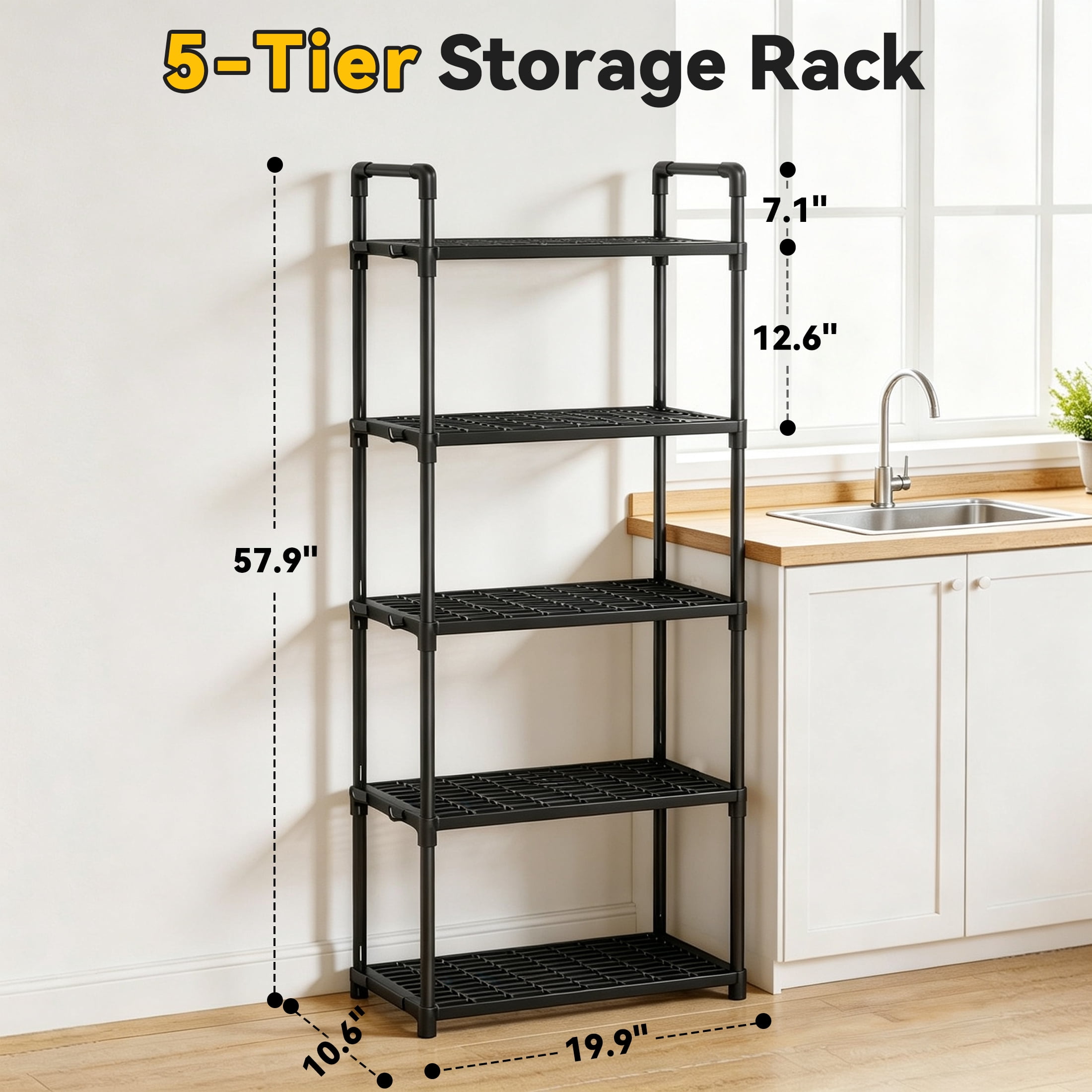 5-Tier Storage Shelves, Plastic Shelving Unit with Hooks, Multipurpose Storage Shelves Rack for Garage Kitchen Pantry Closet Bathroom Laundry, 10.6"D x 20"W x 57"H, Black