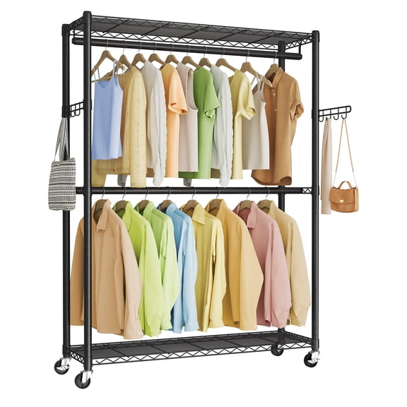 SONGMICS Heavy-Duty Rolling Clothes Rack, Garment Rack, Portable Closet on Wheels, with Adjustable Mesh Shelves and Hanging Rails, Hooks, Ink Black