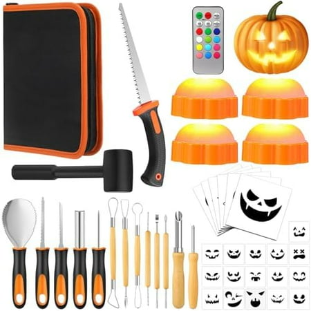 37 Pcs Halloween Pumpkin Carving Kit Including 13 Pcs Stainless Steel Carving Tools, 4 LED Pumpkin Lights with Remote 12 Colors Timer, 18 Stencils and Saw, Hammer for Halloween DIY Decor