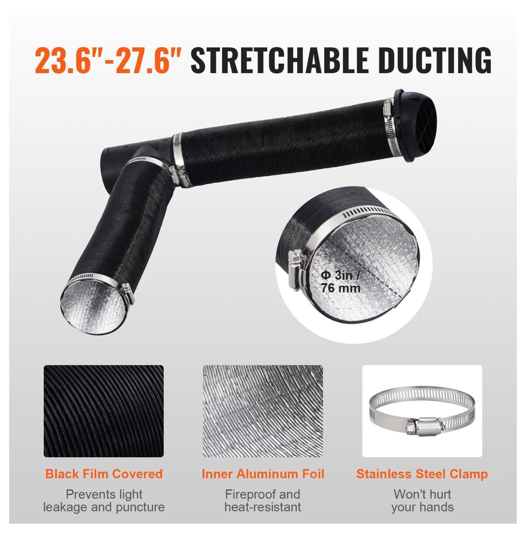 Diesel Heater Ducting Kit 3 Inch Extendable Hose, 1 Inch Exhaust Pipe - 2KW/5KW/8KW Diesel Parking Heater Accessories