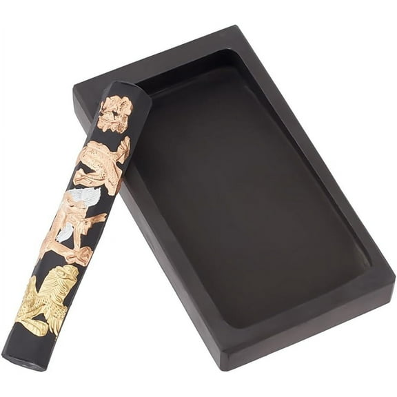 Chinese Calligraphy Inkstone with Ink Stick Rectangle Dragon Phoenix Pattern Inker Sets Traditional Chinese Ink Stones