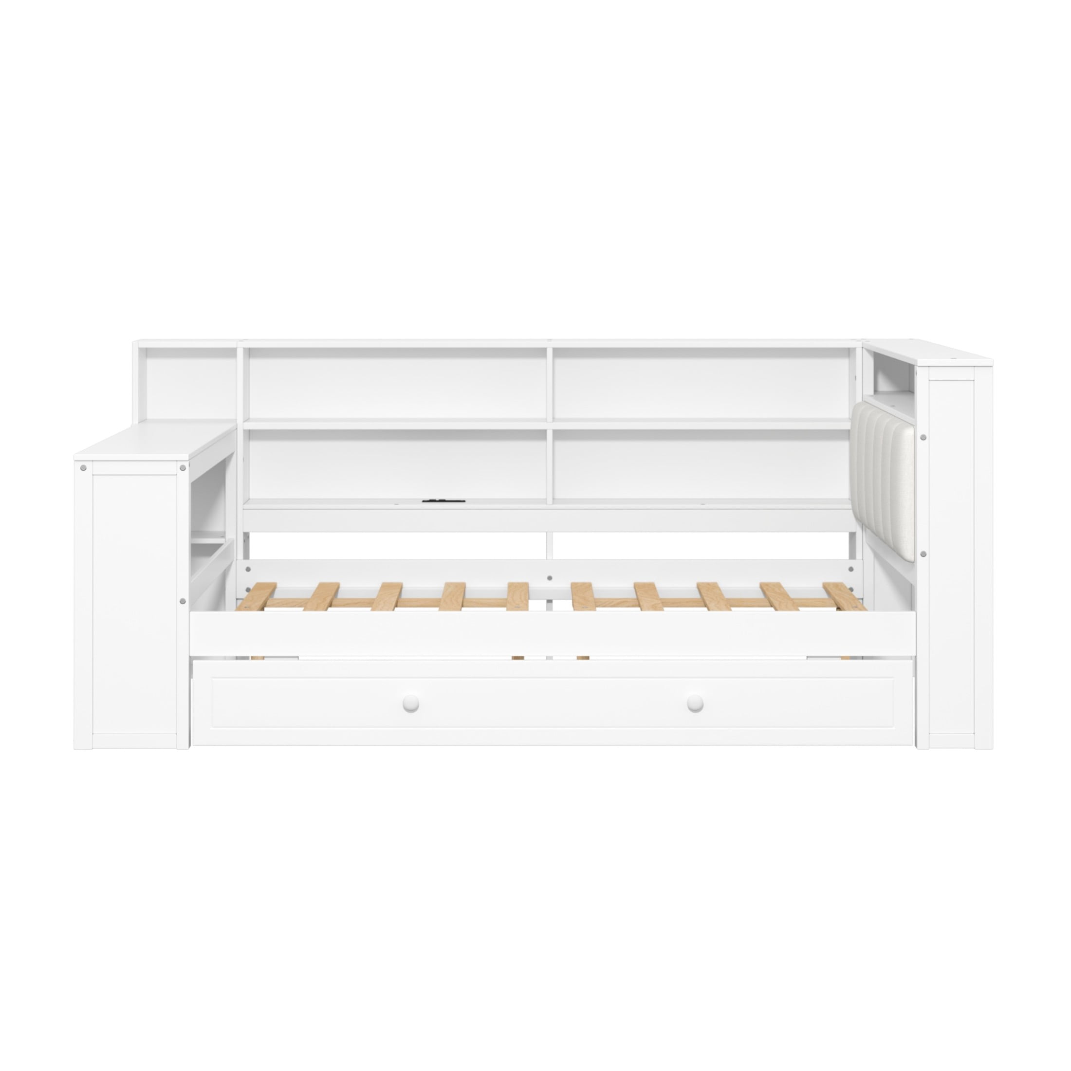 Noble House Full Platform Bed with Storage Shelves and Trundle, LED Desk and Integrated USB, Upholstered Headboard, White