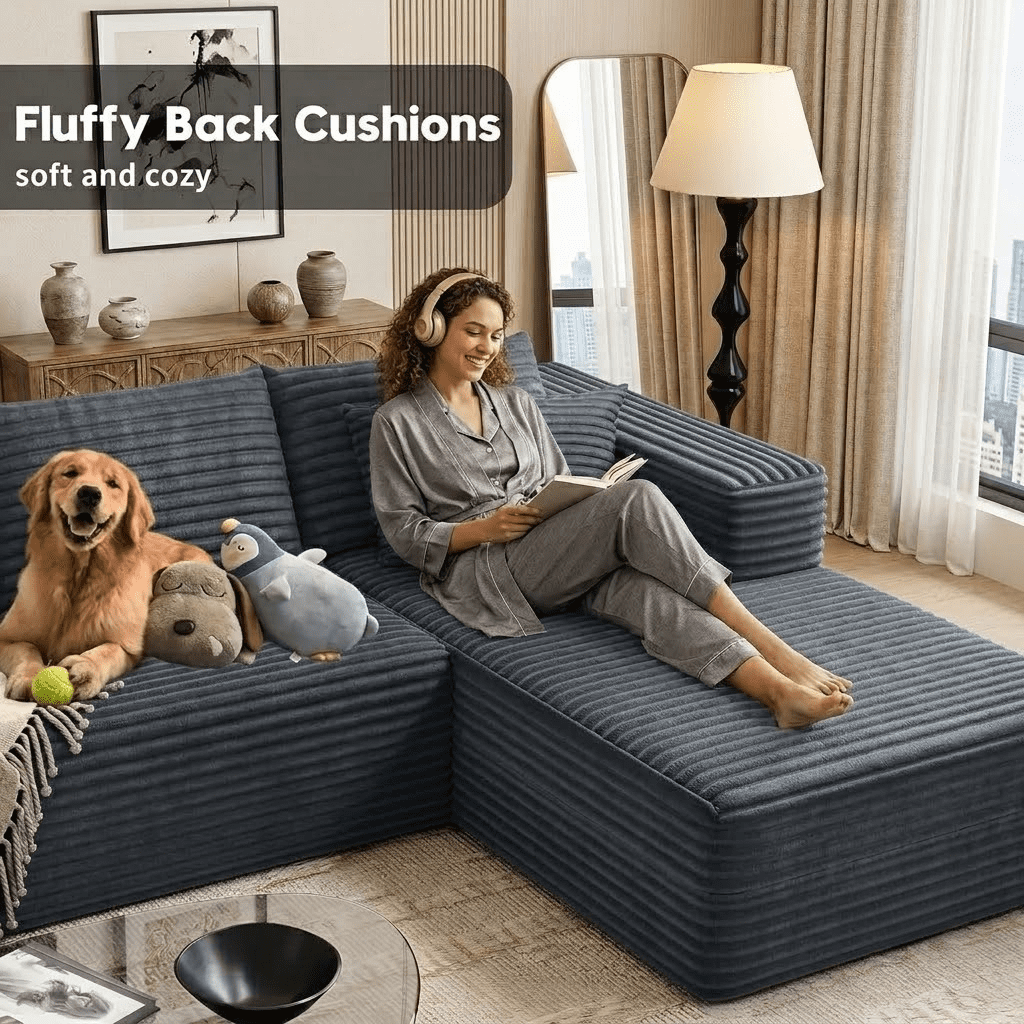 Howcool 133" U-Shaped Modular Cloud Couch Sectional Sofa, Oversized Deep Seat Corduroy Couch with Chaise, Boneless Memory Foam Sofa with Cup Holders & Side Pockets, No Assembly Required, Grey
