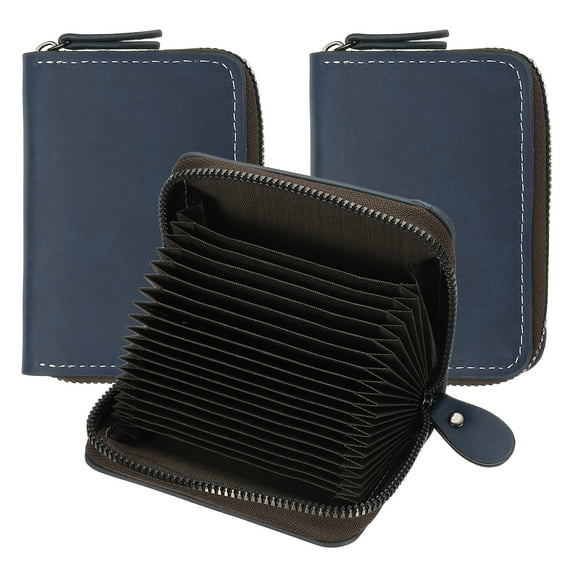 Uxcell 2Pcs Accordion Credit Card Holder Zipper Wallet, Leather Card Case Organizer with 18 Card Slots for Women Men Storage, Blue (2 coin slots)