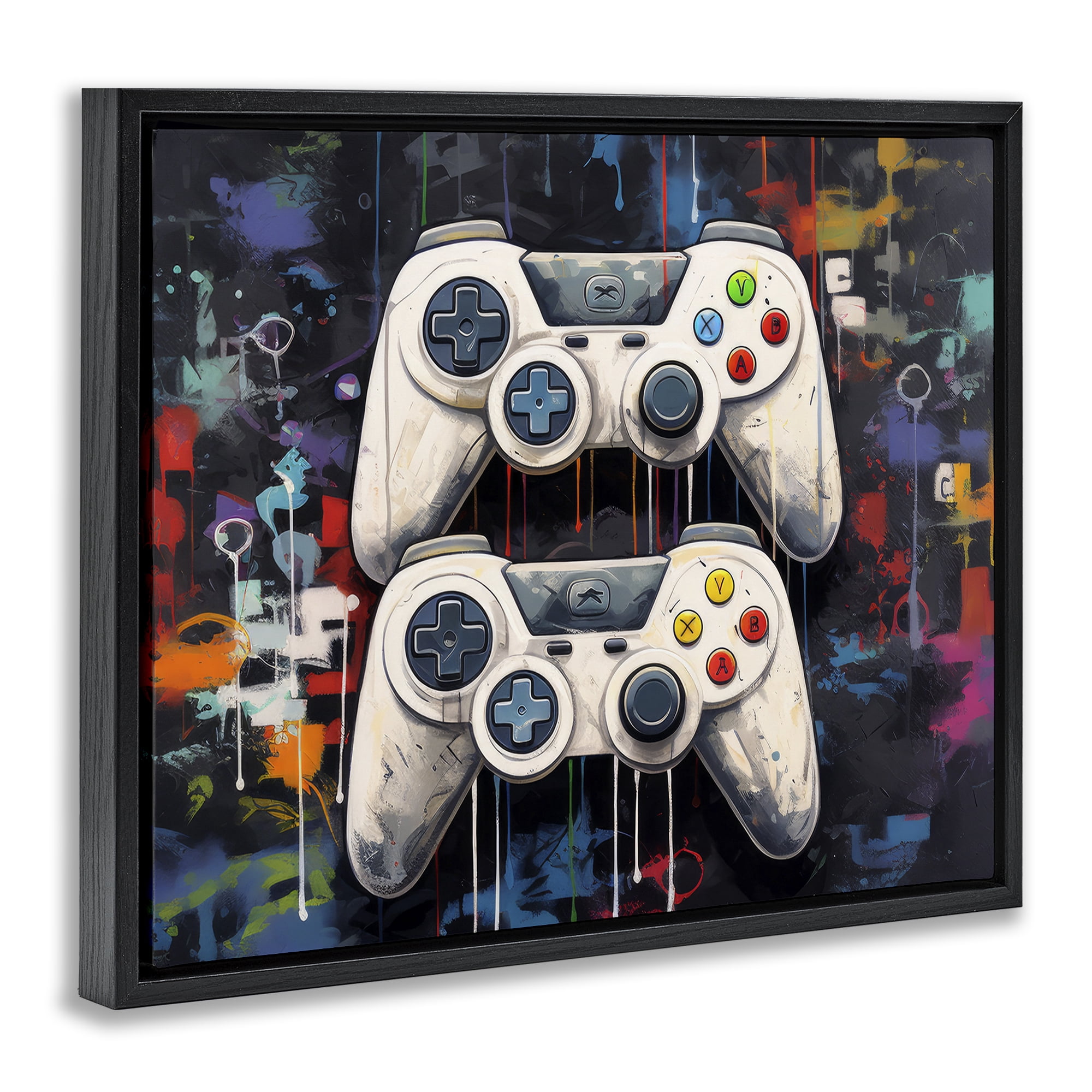 Stupell Industries Joystick Journeys with Paint Splatter Black Framed Floater Canvas Wall Art, design by Lazar Studio