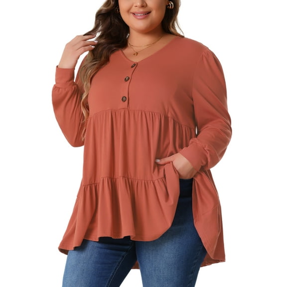 Agnes Orinda Women's Plus Size Tops V Neck Long Sleeve Button Peplum Tunics Babydoll TunicTops 1X Brick Red