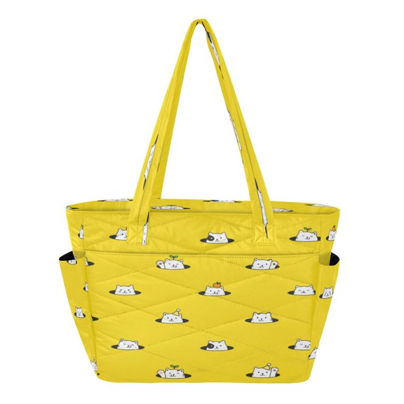 Quilted Tote Bag Large Capacity Multi-Compartment Handbag Cute Cat Hole Pattern Lightweight Structured Shoulder Bag Versatile Casual Bag