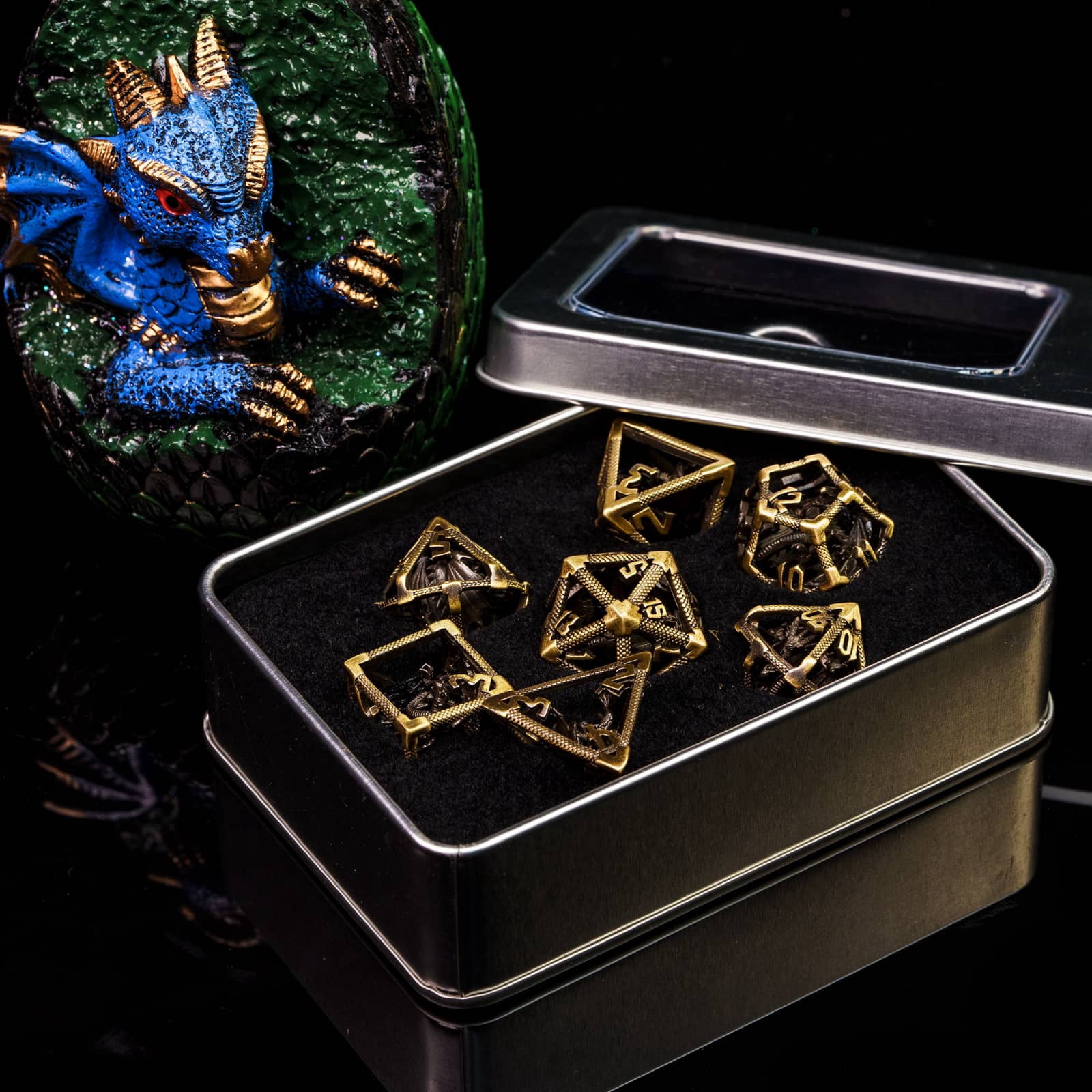 Cusdie Hollow Metal Dice, D&D Dice with Dragon Inside, 7 Pcs DND Dice Set, Polyhedral Dice Set, for Role Playing Game MTG Pathfinder