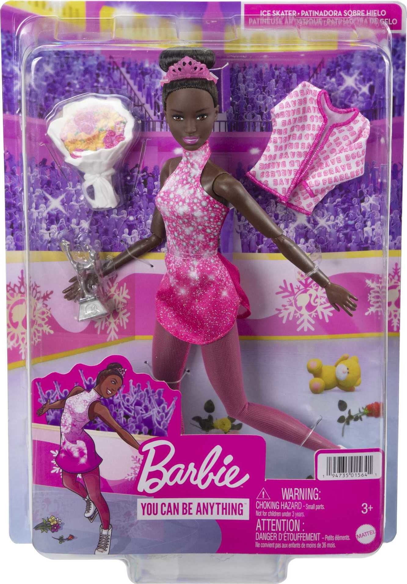 Barbie Posable Ice Skater Doll, Brunette, Pink Leotard & Pro 