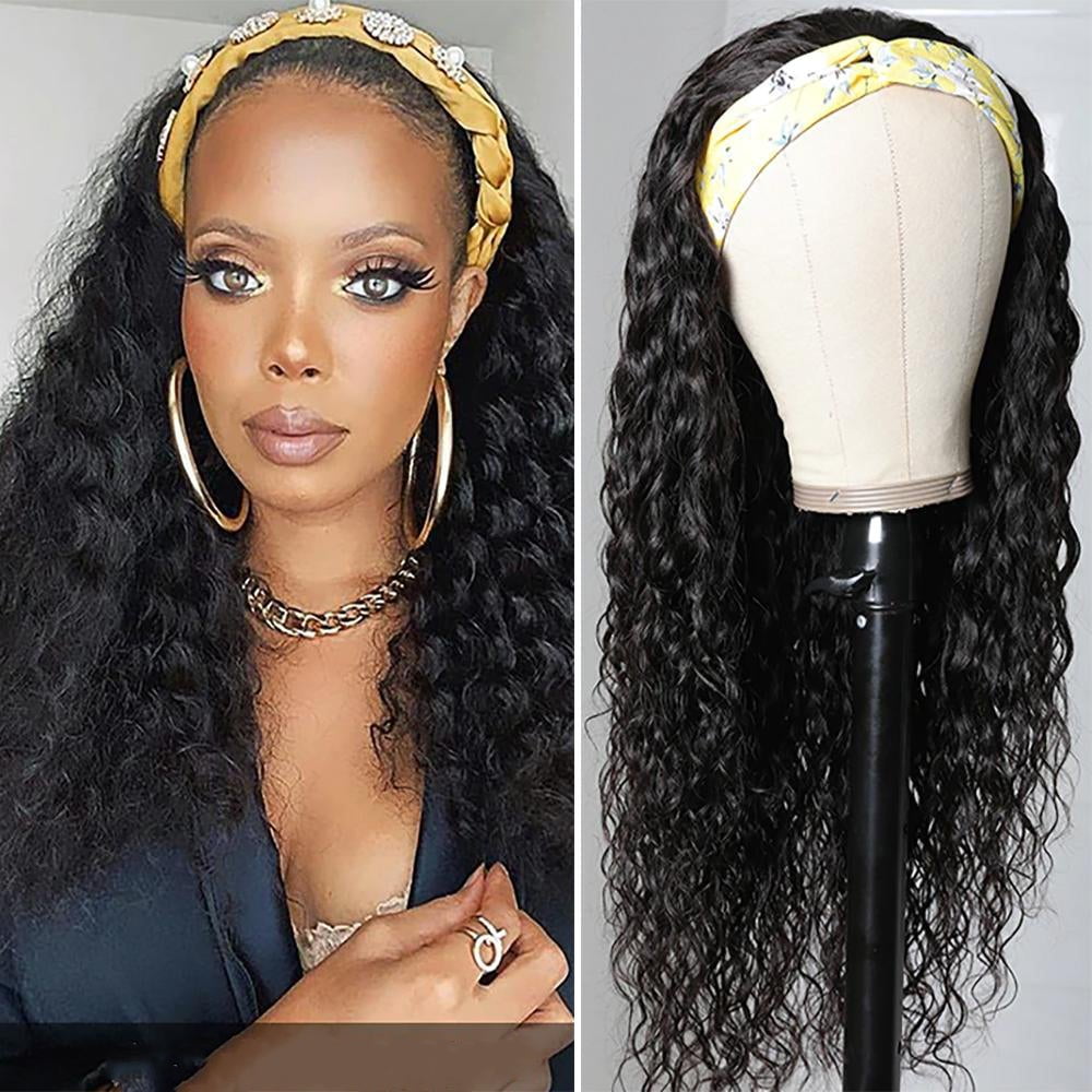 Headband Wig Human Hair Water Wave Glueless None Lace Front Headband Wig Brazilian Virgin Hair Wigs for Black Women - 24 inch