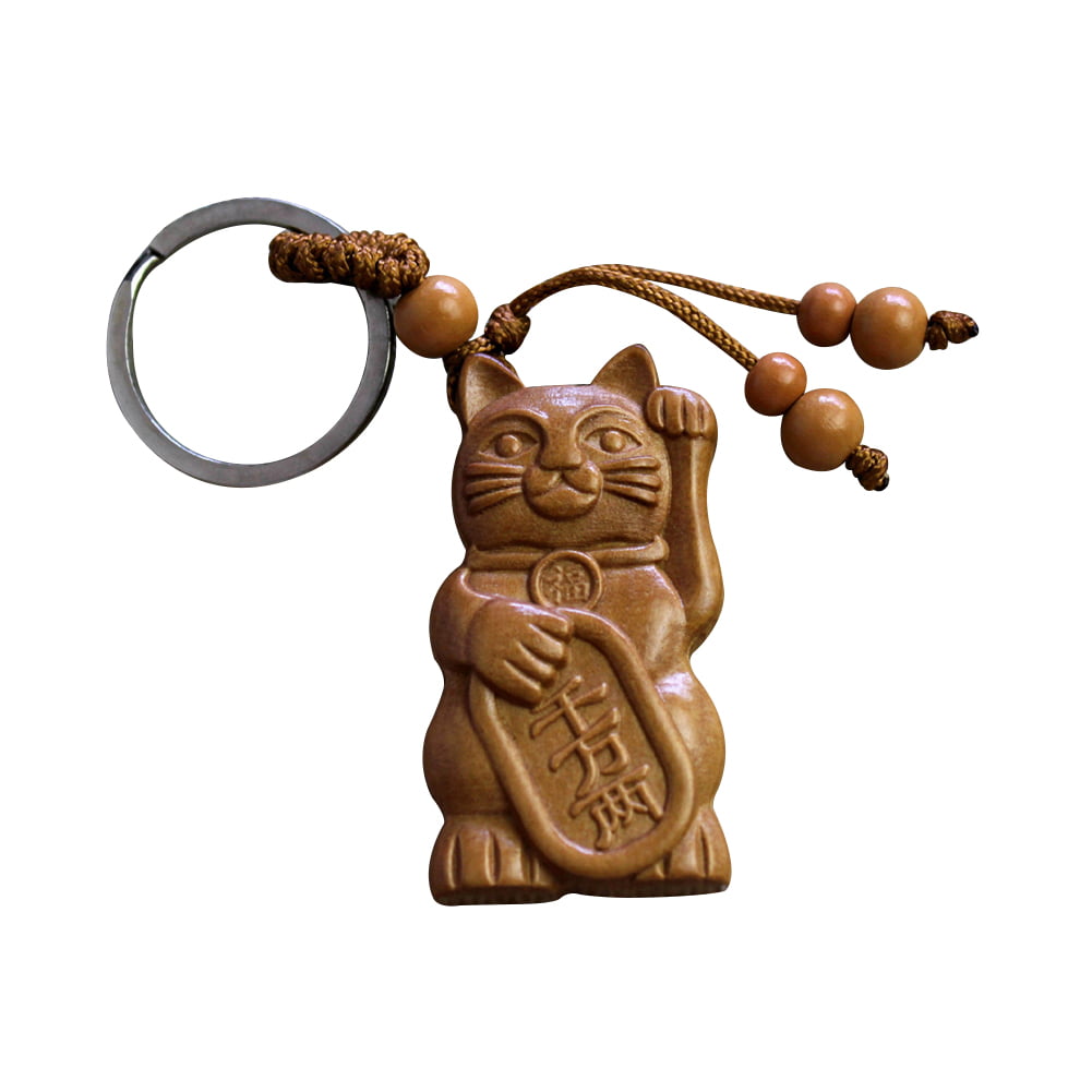Chinese Lucky Cat Keyring 3D Wood Carving Key Chain Good Luck Novelty Gift 